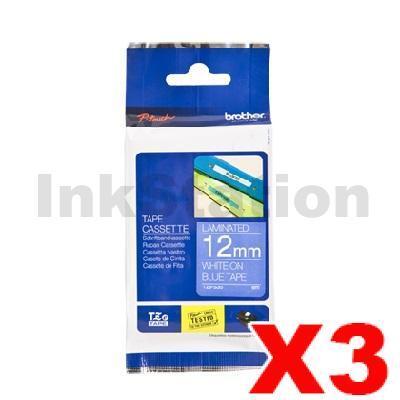 3 x Brother TZe-535 Genuine 12mm White Text on Blue Laminated Tape - 8 meters