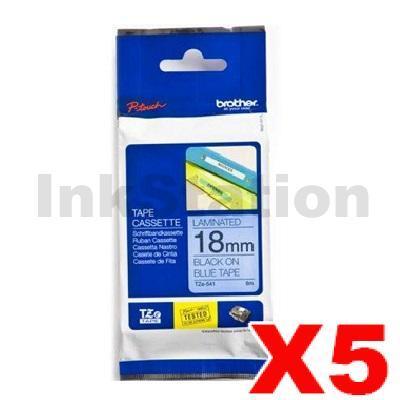 5 x Brother TZe-541 Genuine 18mm Black Text on Blue Laminated Tape - 8 meters