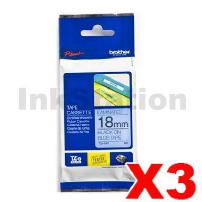 3 x Brother TZe-541 Genuine 18mm Black Text on Blue Laminated Tape - 8 meters