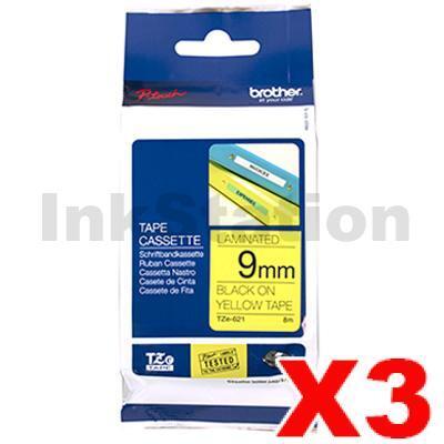 3 x Brother TZe-621 Genuine 9mm Black Text on Yellow Laminated Tape - 8 meters