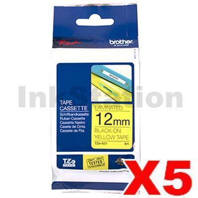 5 x Brother TZe-631 Genuine 12mm Black Text on Yellow Laminated Tape - 8 meters