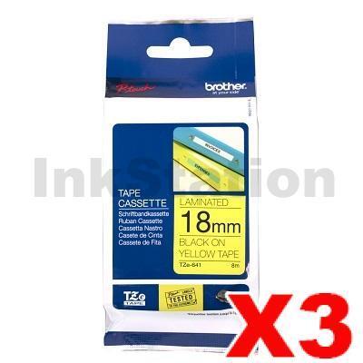 3 x Brother TZe-641 Genuine 18mm Black Text on Yellow Laminated Tape - 8 meters