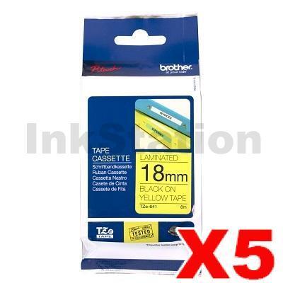 5 x Brother TZe-641 Genuine 18mm Black Text on Yellow Laminated Tape - 8 meters