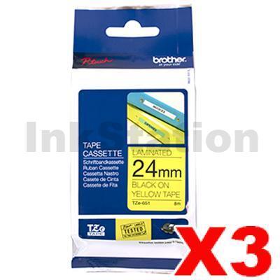 3 x Brother TZe-651 Genuine 24mm Black Text on Yellow Laminated Tape - 8 meters