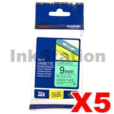 5 x Brother TZe-721 Genuine 9mm Black Text on Green Laminated Tape - 8 meters