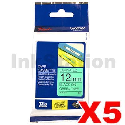 5 x Brother TZe-731 Genuine 12mm Black Text on Green Laminated Tape - 8 meters