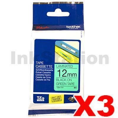 3 x Brother TZe-731 Genuine 12mm Black Text on Green Laminated Tape - 8 meters