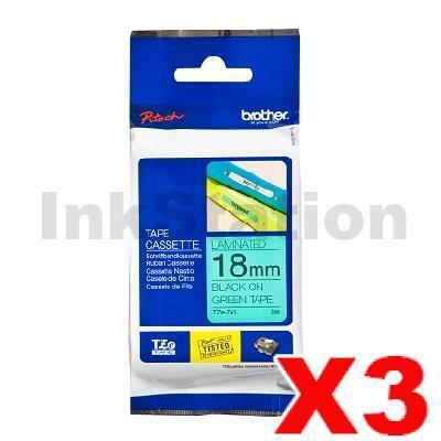 3 x Brother TZe-741 Genuine 18mm Black Text on Green Laminated Tape - 8 meters