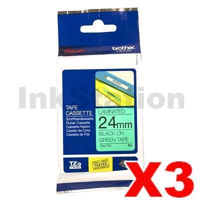 3 x Brother TZe-751 Genuine 24mm Black Text on Green Laminated Tape - 8 meters