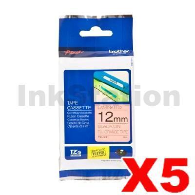 5 x Brother TZe-B31 Genuine 12mm Black Text on Orange Fluorescent Laminated Tape - 5 meters