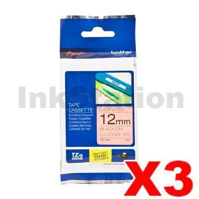 3 x Brother TZe-B31 Genuine 12mm Black Text on Orange Fluorescent Laminated Tape - 5 meters