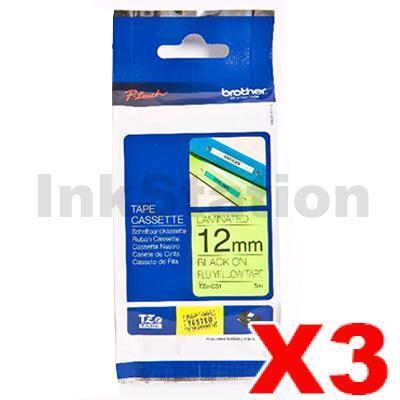 3 x Brother TZe-C31 Genuine 12mm Black Text on Yellow Fluorescent Laminated Tape - 5 meters
