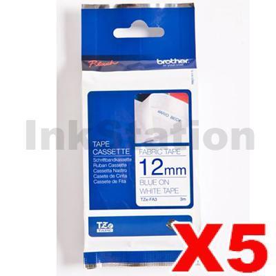 5 x Brother TZe-FA3 Genuine 12mm Blue Text on White Fabric Tape - 3 meters