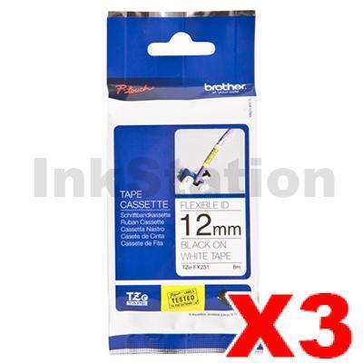 3 x Brother TZe-FX231 Genuine 12mm Black Text on White Flexible ID Laminated Tape - 8 metres