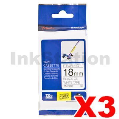 3 x Brother TZe-FX241 Genuine 18mm Black Text on White Flexible ID Laminated Tape - 8 metres