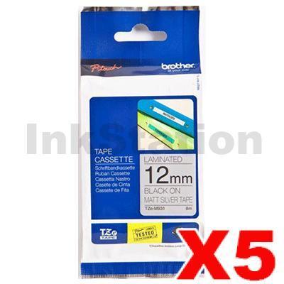 5 x Brother TZe-M931 Genuine 12mm Black Text on Matt Silver Laminated Tape - 8 metres