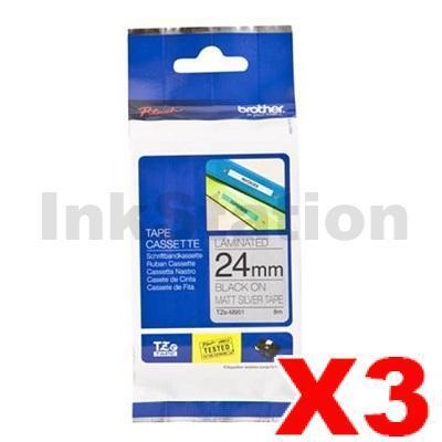 3 x Brother TZe-M951 Genuine 24mm Black Text on Matt Silver Laminated Tape - 8 metres
