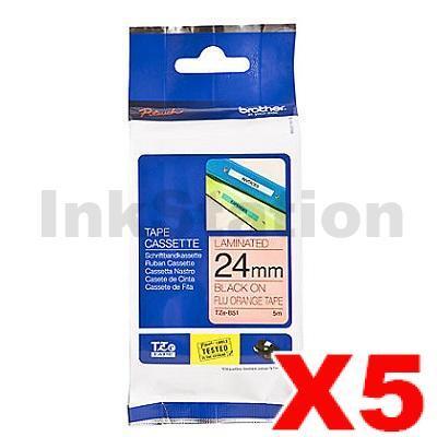 5 x Brother TZe-B51 Genuine 24mm Black Text on Orange Fluorescent Tape - 5 meters