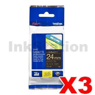 3 x Brother TZe-354 Genuine 24mm Gold Text on Black Laminated Tape - 8 meters