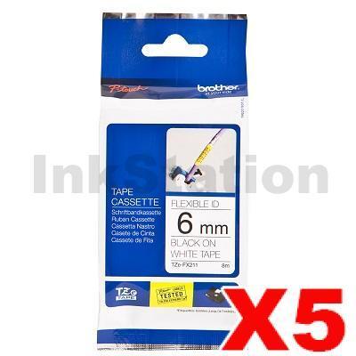 5 x Brother TZe-FX211 Genuine 6mm Black Text on White Flexible ID Laminated Tape - 8 metres