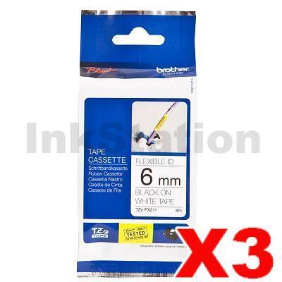 3 x Brother TZe-FX211 Genuine 6mm Black Text on White Flexible ID Laminated Tape - 8 metres