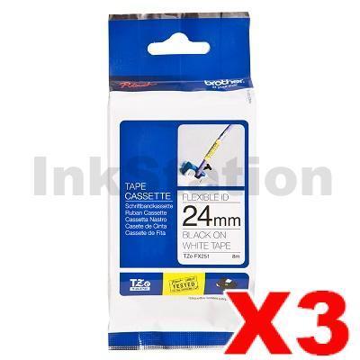 3 x Brother TZe-FX251 Genuine 24mm Black Text on White Flexible ID Laminated Tape - 8 metres
