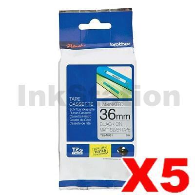 5 x Brother TZe-M961 Genuine 36mm Black Text on Matt Silver Laminated Tape - 8 metres