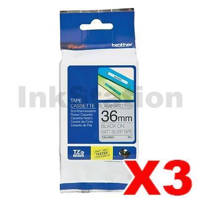 3 x Brother TZe-M961 Genuine 36mm Black Text on Matt Silver Laminated Tape - 8 metres