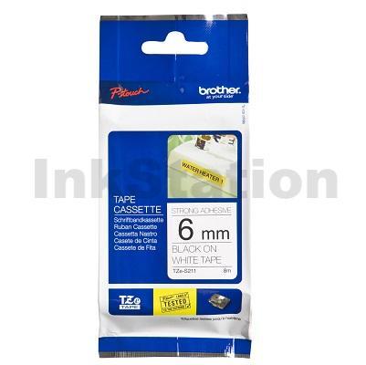 Brother TZe-S211 Genuine 6mm Black Text on White Strong Adhesive Laminated Tape - 8 metres