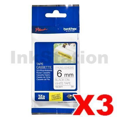3 x Brother TZe-S211 Genuine 6mm Black Text on White Strong Adhesive Laminated Tape - 8 metres