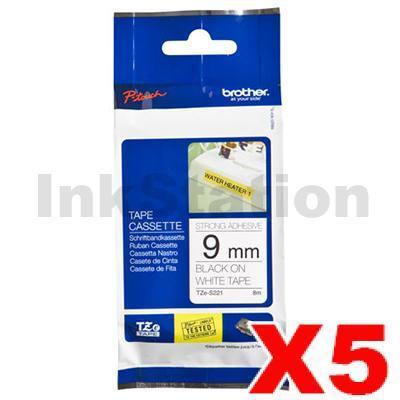 5 x Brother TZe-S221 Genuine 9mm Black Text on White Strong Adhesive Laminated Tape - 8 metres