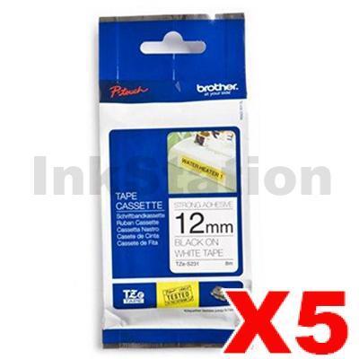 5 x Brother TZe-S231 Genuine 12mm Black Text on White Strong Adhesive Laminated Tape - 8 metres