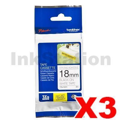 3 x Brother TZe-S241 Genuine 18mm Black Text on White Strong Adhesive Laminated Tape - 8 metres