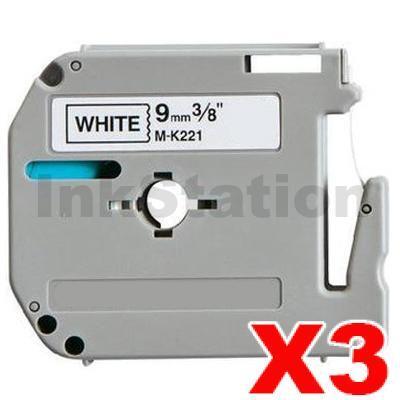 3 x Brother M-K221 Compatible 9mm Black Text on White Tape - 8 meters