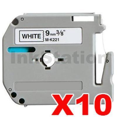 10 x Brother M-K221 Compatible 9mm Black Text on White Tape - 8 meters
