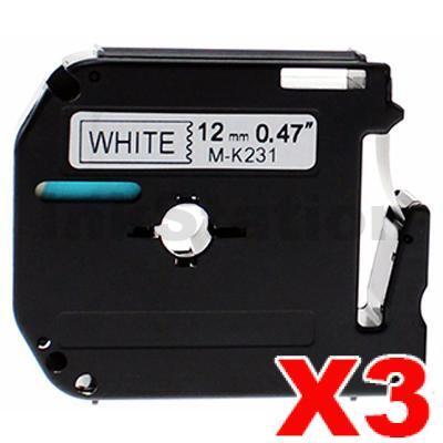 3 x Brother M-K231 Compatible 12mm Black Text on White Tape - 8 meters