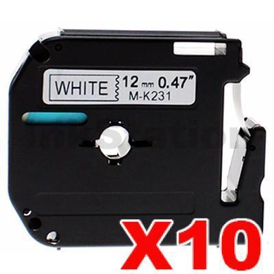 10 x Brother M-K231 Compatible 12mm Black Text on White Tape - 8 meters