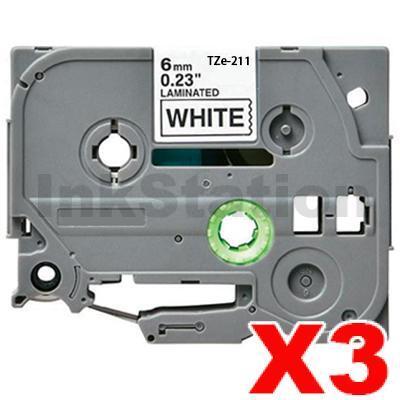 3 x Brother TZe-211 Compatible 6mm Black Text on White Laminated Tape - 8 meters