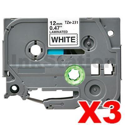 3 x Brother TZe-231 Compatible 12mm Black Text on White Laminated Tape - 8 meters