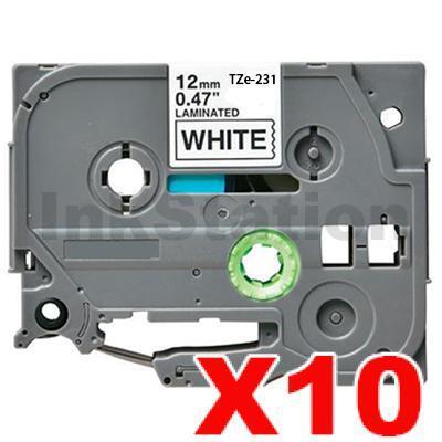 10 x Brother TZe-231 Compatible 12mm Black Text on White Laminated Tape - 8 meters