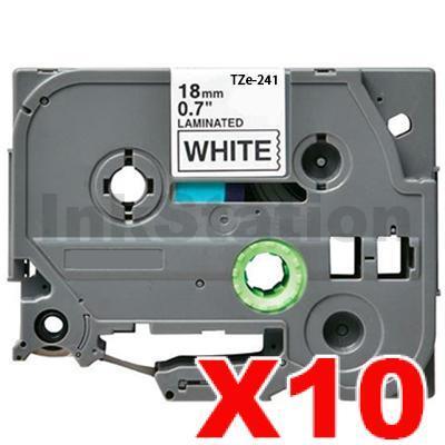 10 x Brother TZe-241 Compatible 18mm Black Text on White Laminated Tape - 8 meters