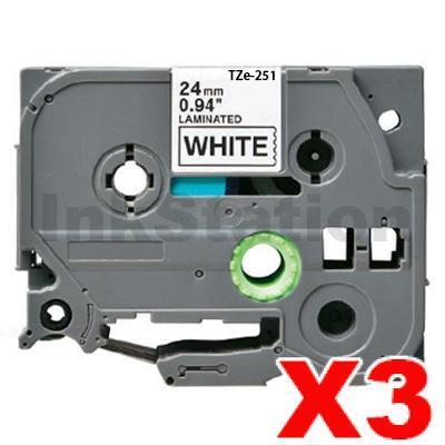 3 x Brother TZe-251 Compatible 24mm Black Text on White Laminated Tape - 8 meters