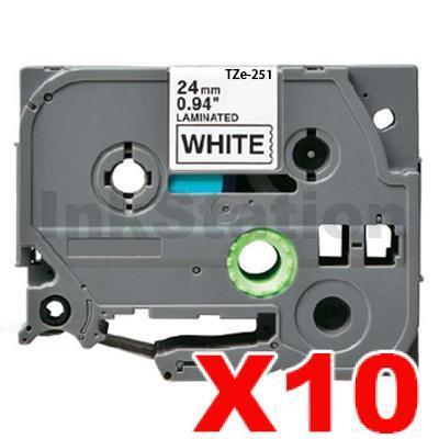 10 x Brother TZe-251 Compatible 24mm Black Text on White Laminated Tape - 8 meters