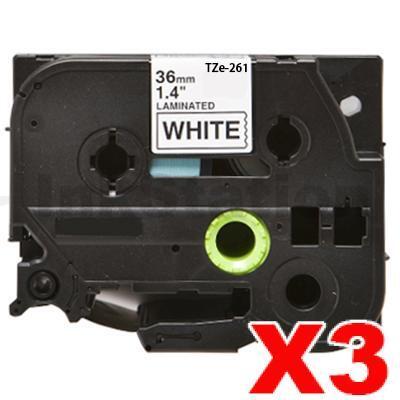 3 x Brother TZe-261 Compatible 36mm Black Text on White Laminated Tape - 8 meters