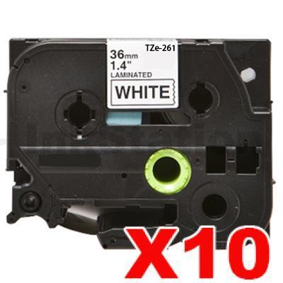 10 x Brother TZe-261 Compatible 36mm Black Text on White Laminated Tape - 8 meters
