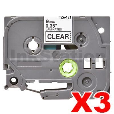 3 x Brother TZe-121 Compatible 9mm Black Text on Clear Laminated Tape - 8 meters