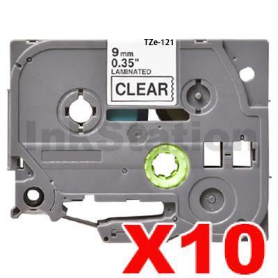 10 x Brother TZe-121 Compatible 9mm Black Text on Clear Laminated Tape - 8 meters