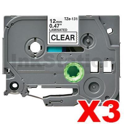 3 x Brother TZe-131 Compatible 12mm Black Text on Clear Laminated Tape - 8 meters