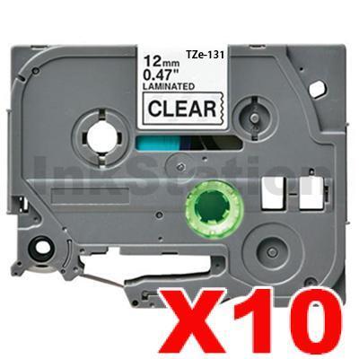 10 x Brother TZe-131 Compatible 12mm Black Text on Clear Laminated Tape - 8 meters