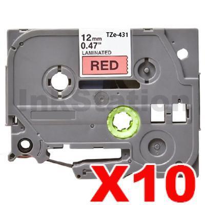 10 x Brother TZe-431 Compatible 12mm Black Text on Red Laminated Tape - 8 meters